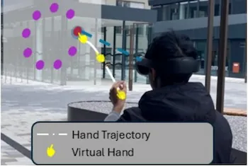 Teaser image: From Lab to Sidewalk: Exploring AR Interaction Techniques Outdoors and in Motion using Fitts’ Law